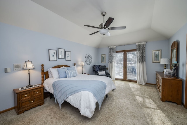 carpeted bedroom featuring french doors, ceiling fan, lofted ceiling, and access to outside