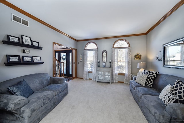 carpeted living room featuring crown molding