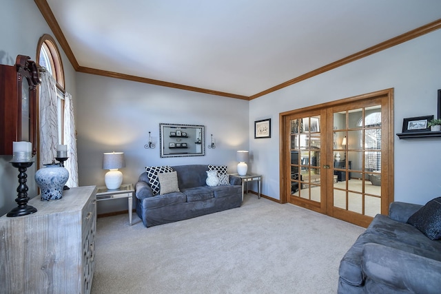 carpeted living room featuring ornamental molding and french doors