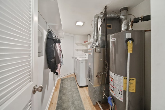 utility room with washing machine and dryer and water heater