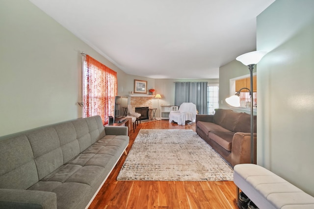 living room featuring wood-type flooring and a fireplace