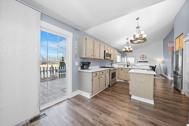 kitchen with appliances with stainless steel finishes, dark wood-type flooring, a notable chandelier, a kitchen island, and lofted ceiling