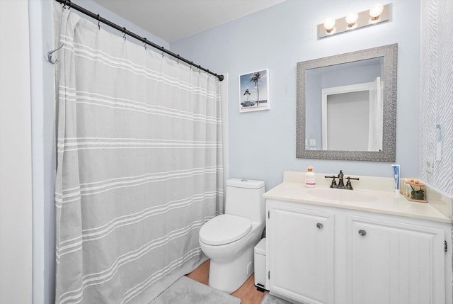 bathroom featuring vanity, toilet, and wood-type flooring