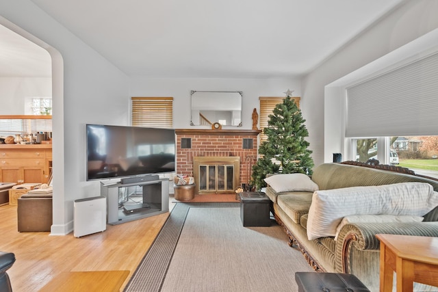 living room with a fireplace and wood-type flooring