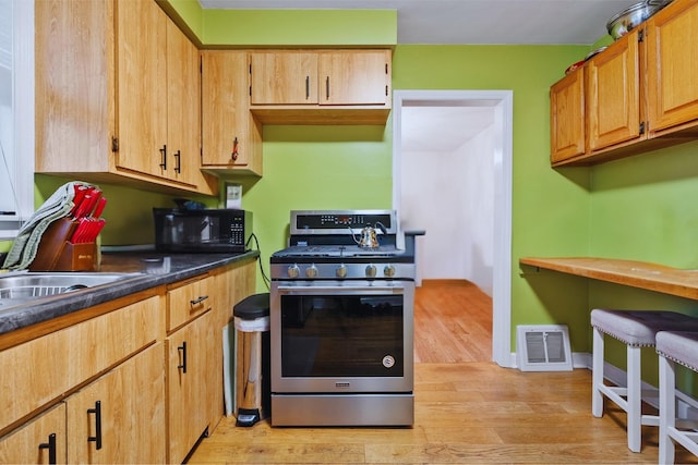 kitchen with light hardwood / wood-style floors and stainless steel stove