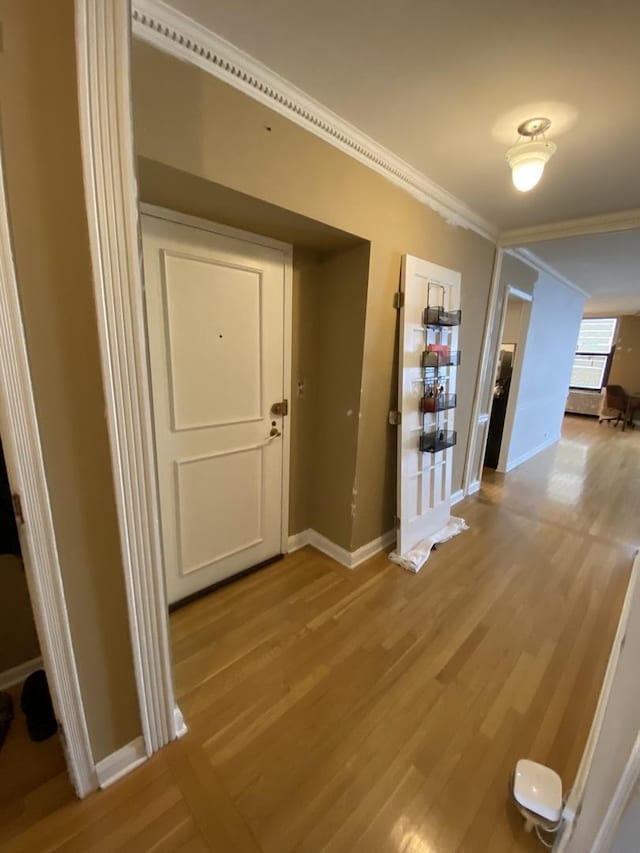 corridor featuring hardwood / wood-style flooring and crown molding