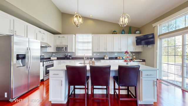 kitchen featuring appliances with stainless steel finishes, lofted ceiling, hanging light fixtures, and an island with sink