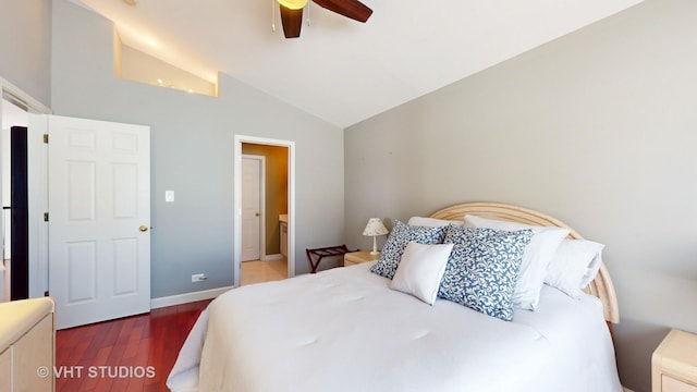 bedroom with ceiling fan, wood-type flooring, and lofted ceiling