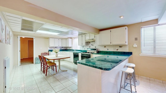 kitchen featuring white cabinets, dishwasher, tasteful backsplash, kitchen peninsula, and white range with gas stovetop