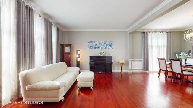 living room featuring crown molding and hardwood / wood-style flooring