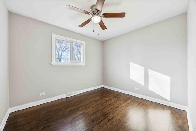 empty room featuring ceiling fan and dark wood-type flooring