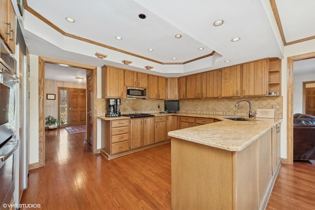 kitchen with a raised ceiling, sink, kitchen peninsula, stainless steel appliances, and light hardwood / wood-style flooring