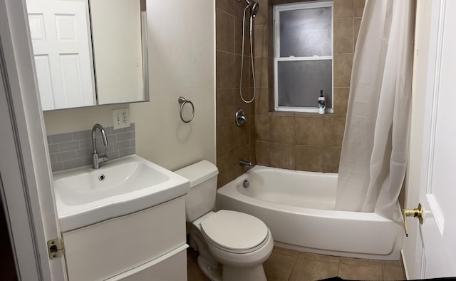 full bathroom with shower / bathtub combination with curtain, tile patterned floors, vanity, decorative backsplash, and toilet