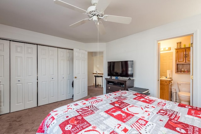 bedroom featuring ceiling fan, ensuite bathroom, and carpet