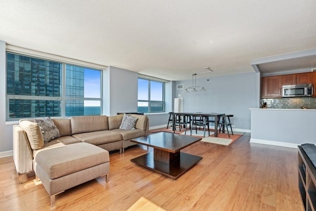 living room with a water view and light hardwood / wood-style floors