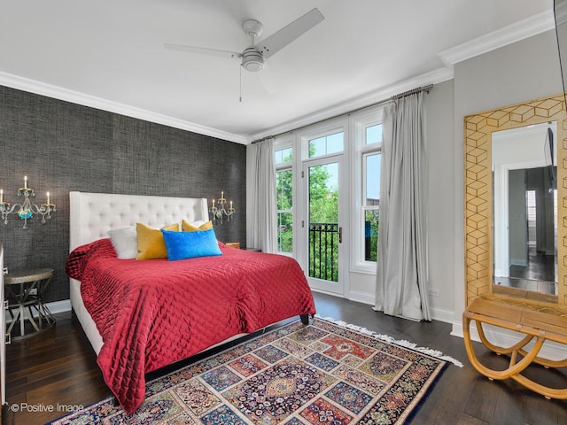 bedroom featuring crown molding, access to exterior, ceiling fan with notable chandelier, and dark hardwood / wood-style floors