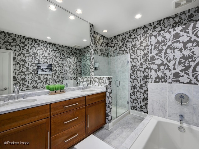 bathroom featuring tile patterned floors, vanity, and separate shower and tub