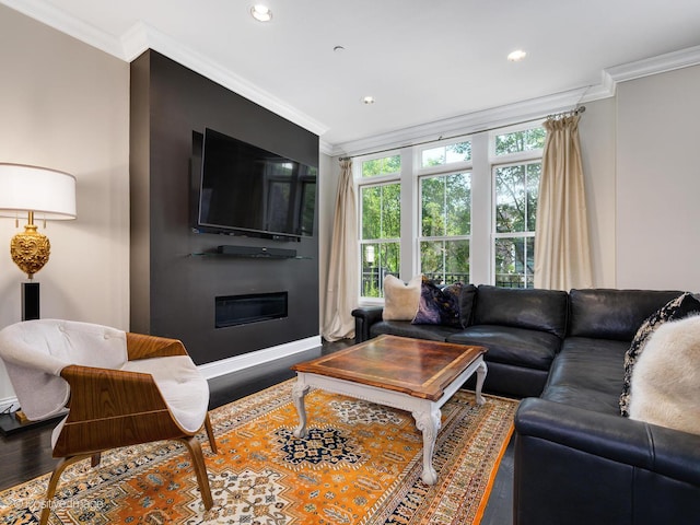 living room with ornamental molding and hardwood / wood-style floors