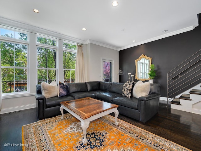 living room featuring ornamental molding and dark hardwood / wood-style floors