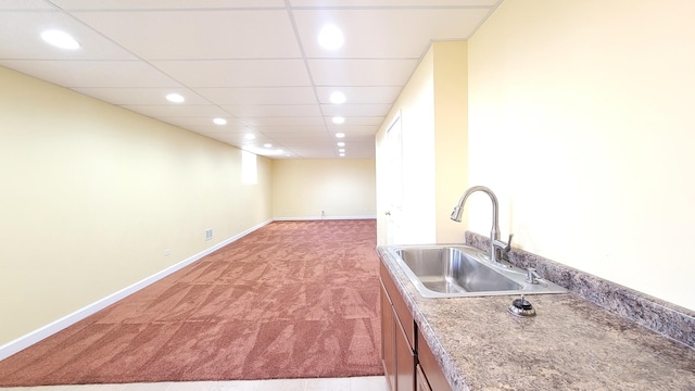 kitchen with carpet floors, sink, and a drop ceiling