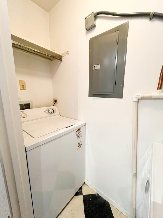 clothes washing area featuring electric panel and washer / clothes dryer