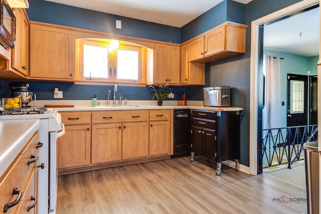 kitchen with sink, black appliances, and light wood-type flooring