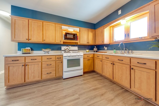 kitchen featuring sink, light hardwood / wood-style flooring, and white range with gas stovetop