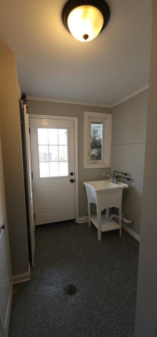 doorway with crown molding and sink