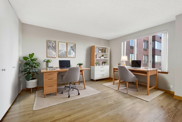 office featuring light hardwood / wood-style floors and a textured ceiling