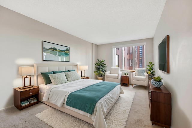 bedroom with light colored carpet