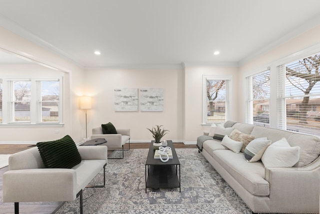 living room with hardwood / wood-style flooring, a wealth of natural light, and ornamental molding