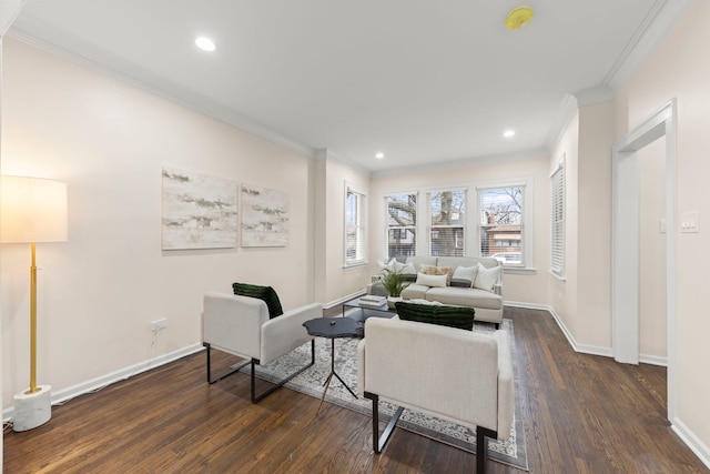 living room featuring dark hardwood / wood-style floors and ornamental molding