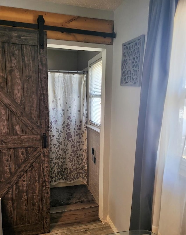 bathroom with hardwood / wood-style floors