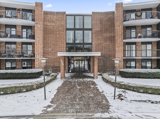 view of snow covered building