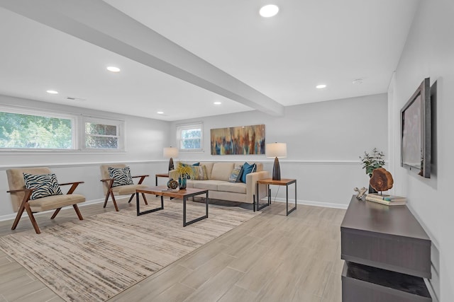 living room featuring beam ceiling and light wood-type flooring