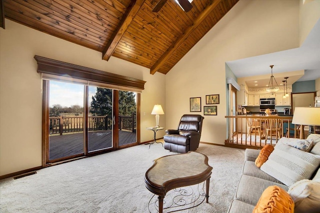 living room featuring ceiling fan, light colored carpet, beam ceiling, high vaulted ceiling, and wooden ceiling