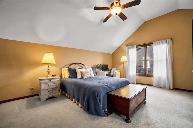 carpeted bedroom featuring ceiling fan and lofted ceiling