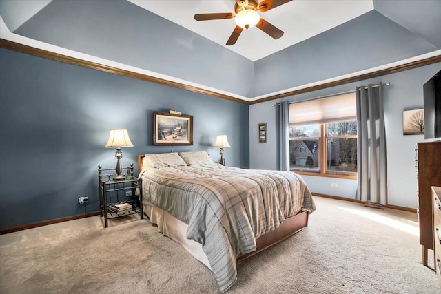 carpeted bedroom with ceiling fan and a high ceiling