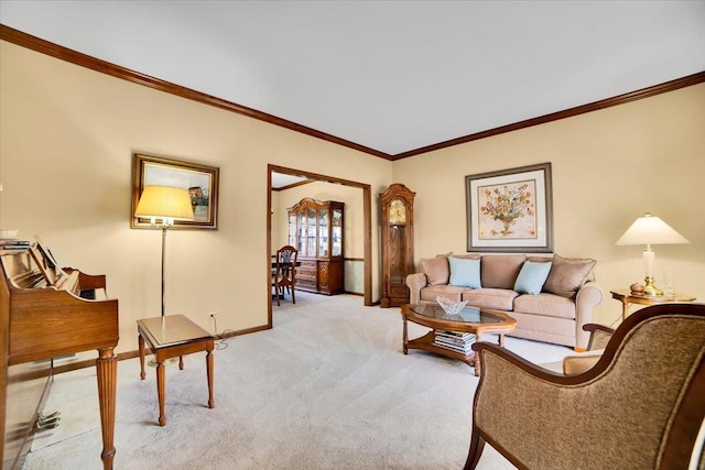 living room with light colored carpet and ornamental molding