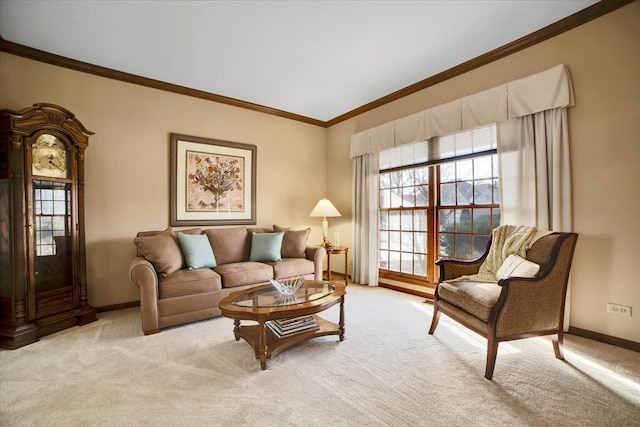 carpeted living room with crown molding