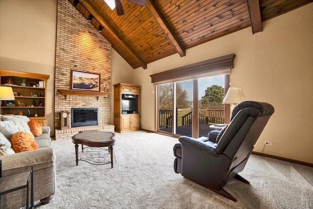 living room featuring a brick fireplace, beamed ceiling, carpet flooring, high vaulted ceiling, and wooden ceiling