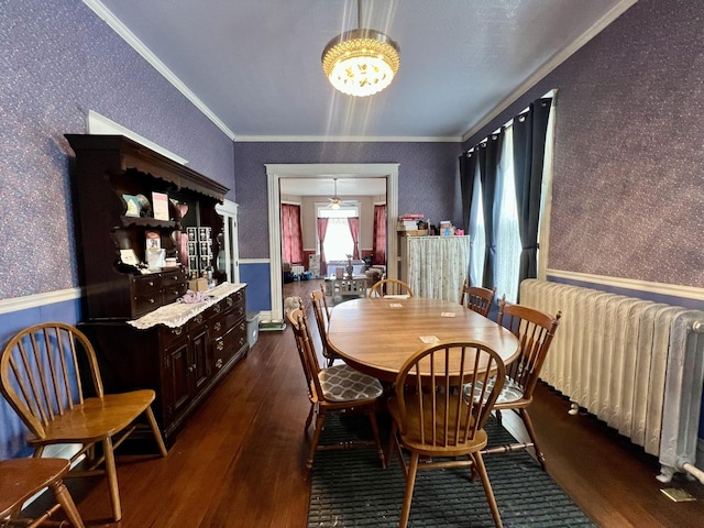 dining room featuring ornamental molding, radiator, an inviting chandelier, and dark hardwood / wood-style flooring