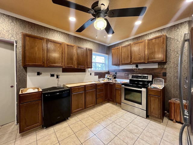 kitchen featuring ceiling fan, stainless steel electric range, light tile patterned floors, and dishwasher