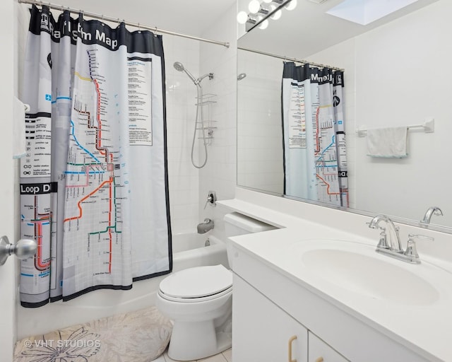 full bathroom with vanity, tile patterned floors, shower / bath combination with curtain, and toilet