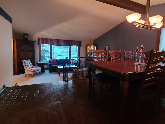 dining space featuring a notable chandelier, beam ceiling, and parquet flooring