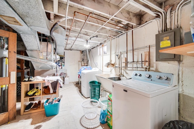 basement with electric panel and independent washer and dryer