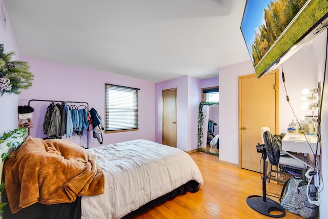 bedroom featuring multiple windows and light hardwood / wood-style flooring