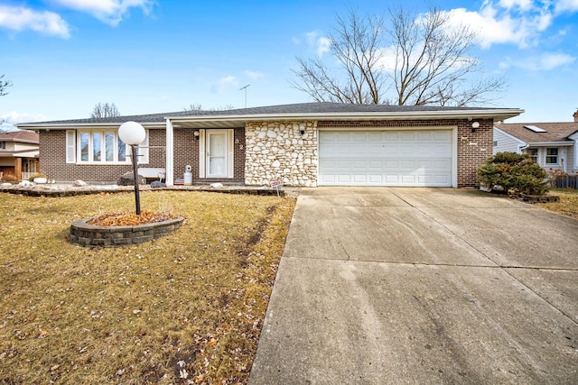 ranch-style house with a garage and a front yard