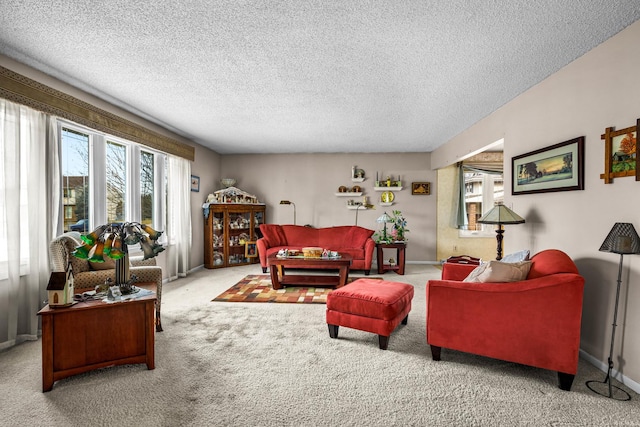 living room with light carpet and a textured ceiling