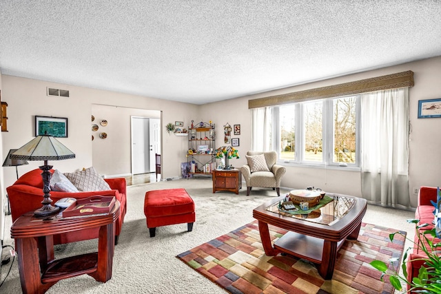 living room featuring carpet floors and a textured ceiling